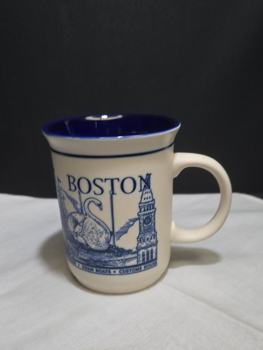 Cream and Blue Boston Ceramic Mug with Skyline Artwork